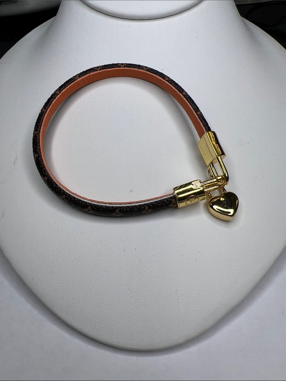 Designer Inspired Brown Monogram Leather Bracelet with Gold Heart Charm Accent